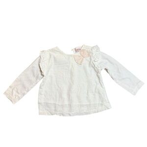 Zara Baby Girl White Long Sleeve Top Ruffle Shoulder Bow Detail-Size 6/9 Months
